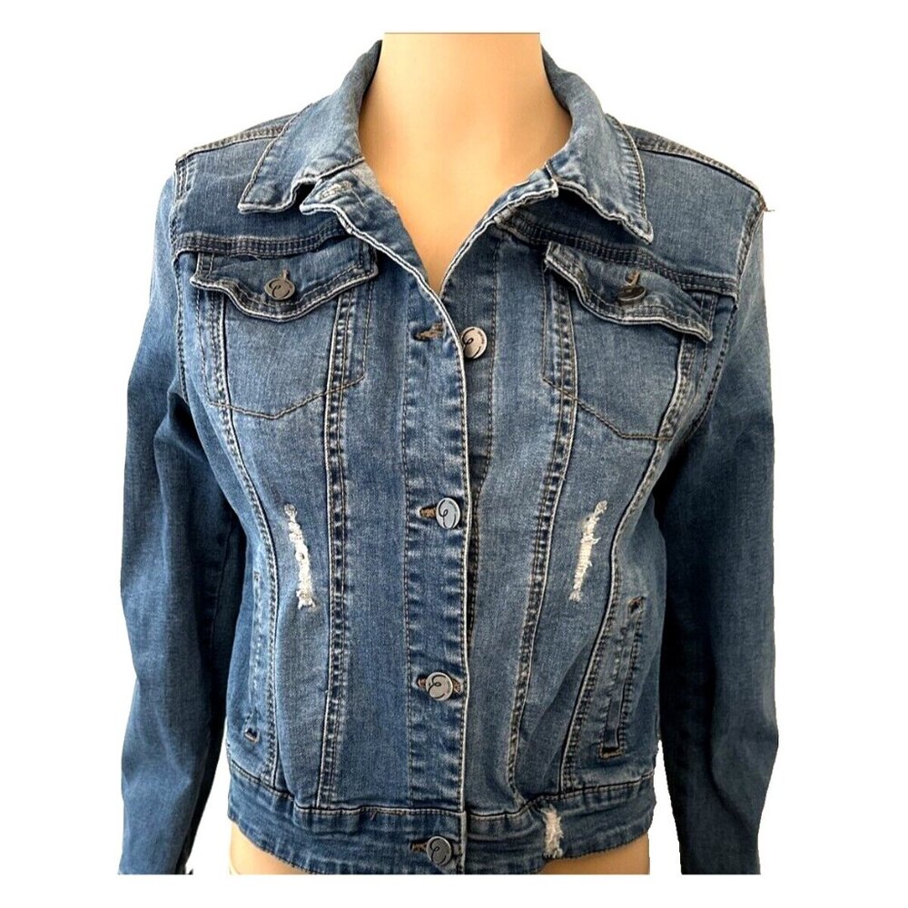 Earl Jean Women's Blue Distressed Denim Jean Jacket Size XS Logo Button Closure